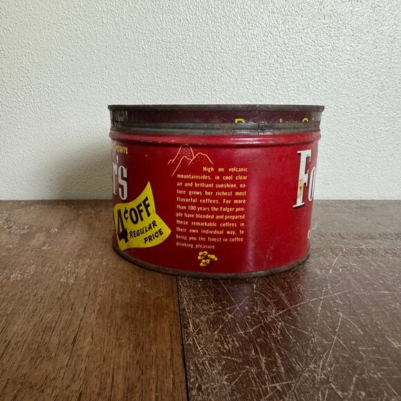 Vintage 1959 Folgers 4 Cents off Coffee‎ Can Tin Metal Short Advertising Decor - Picture 2 of 9